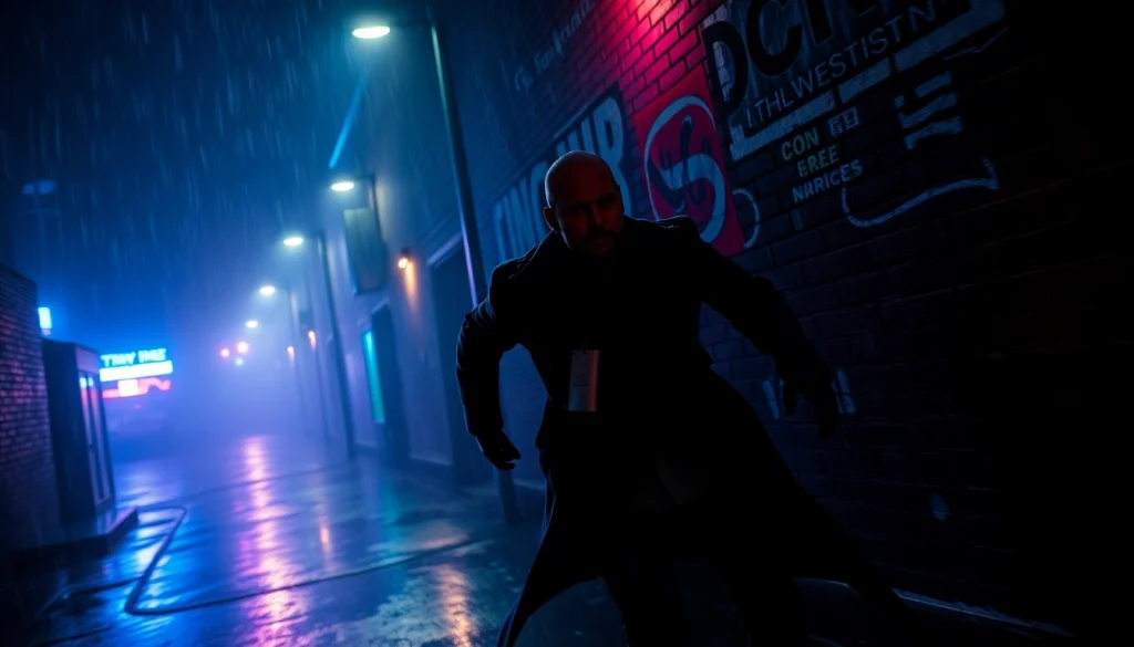 Experience the suspense of a fast-paced thriller in a rainy, neon-lit alley.