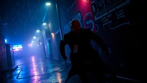 Experience the suspense of a fast-paced thriller in a rainy, neon-lit alley.