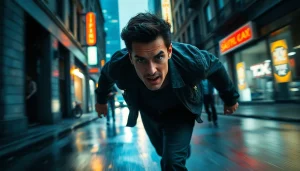 Capture an intense moment from a fast-paced thriller featuring a dramatic urban chase scene.