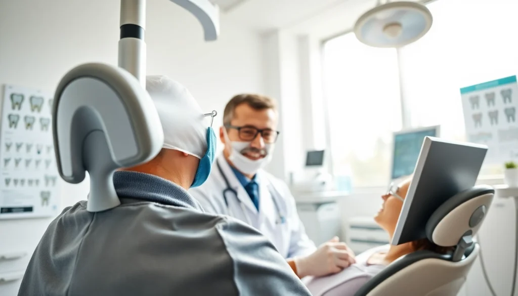 Dentist guiding a patient in a modern clinic with advanced tools and a comforting environment.