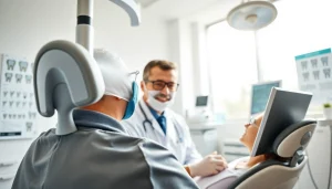 Dentist guiding a patient in a modern clinic with advanced tools and a comforting environment.