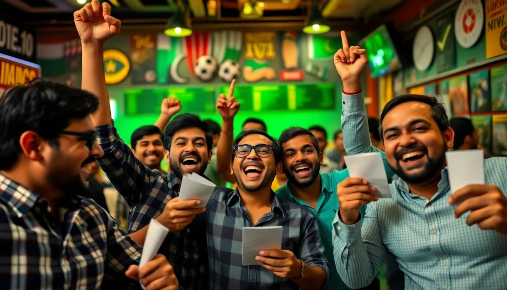 Participants celebrating sports betting in India with excitement and winning slips in hand.