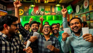 Participants celebrating sports betting in India with excitement and winning slips in hand.
