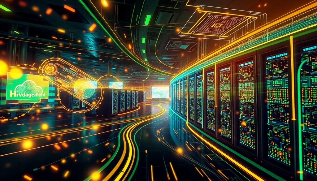 Illustration of dogecoin cloud mining with abstract data streams and secure data centers.