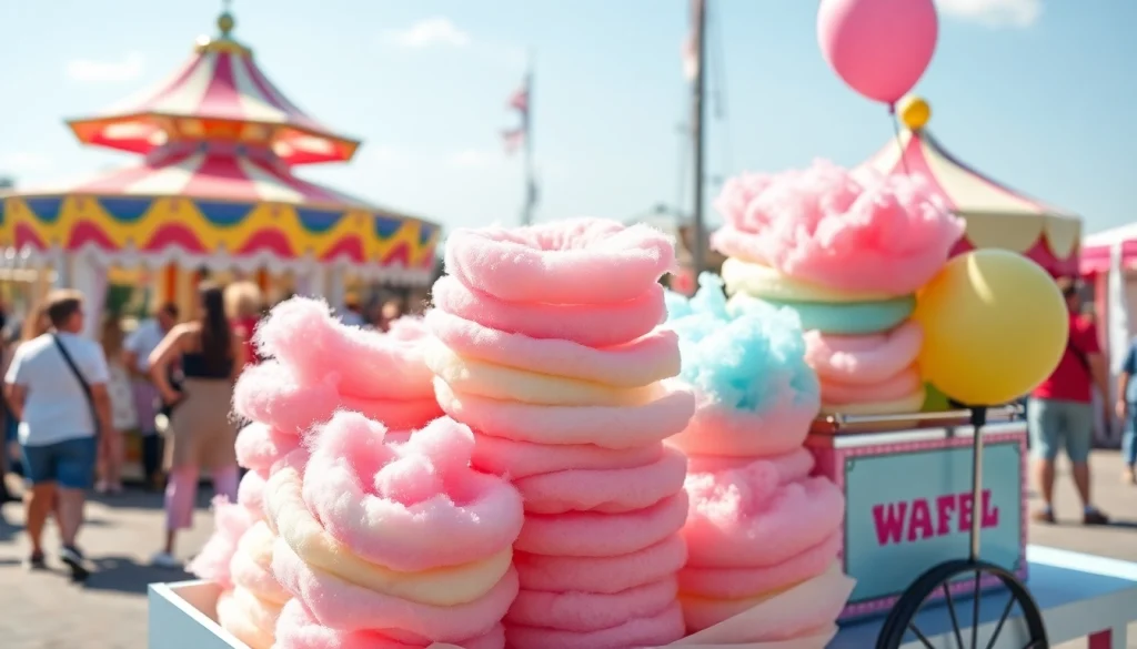 Maak wafel katoen met een kleurrijke presentatie op een kermis.