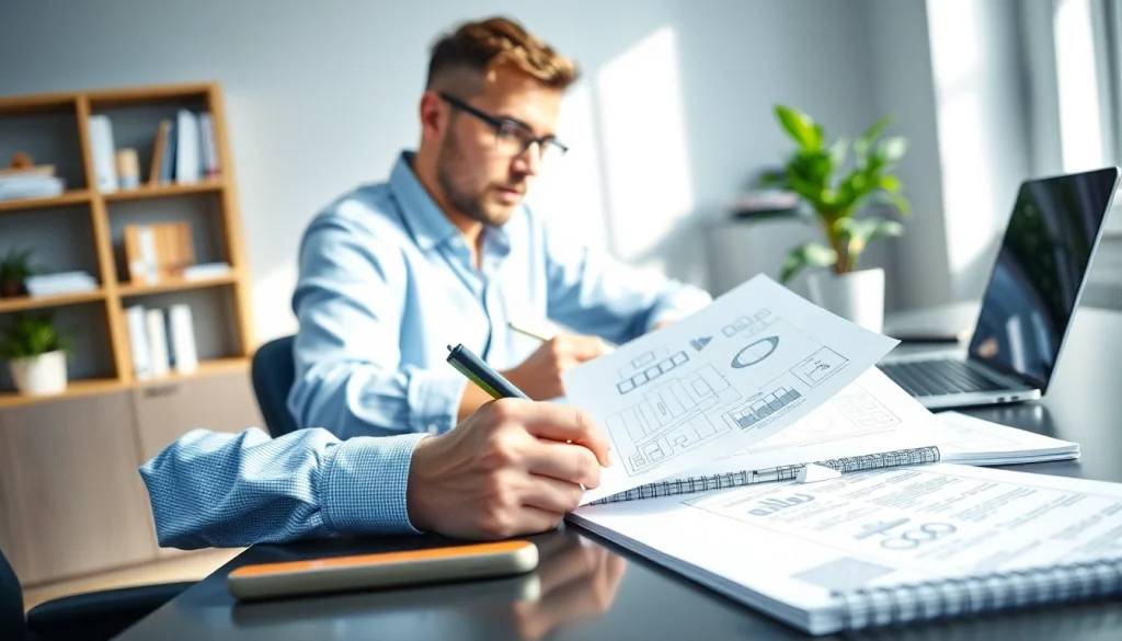 Showcasing technical documentation services in a professional office setting with organized materials.