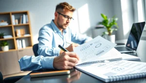 Showcasing technical documentation services in a professional office setting with organized materials.