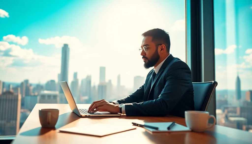 Post a free job in New York while sitting at a desk overlooking the city skyline.