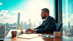 Post a free job in New York while sitting at a desk overlooking the city skyline.