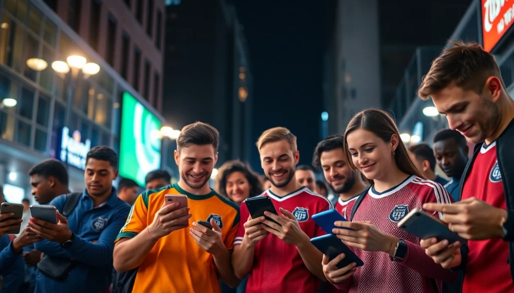 Betting enthusiasts using sportsbooks in California on their devices in a lively urban environment.