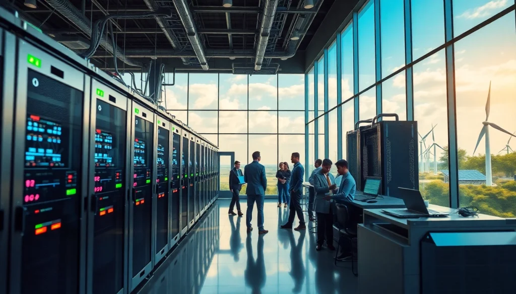 Trusted cloud mining sites represented with a modern facility showcasing AI-powered mining rigs and renewable energy.