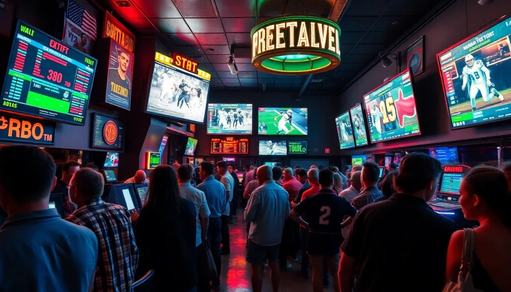 Engaging scene showcasing sportsbooks in Texas with lively sports betting enthusiasts in action.
