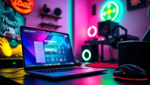 Permainan istana777 bet dalam pengaturan gaming modern dengan laptop dan pencahayaan neon.