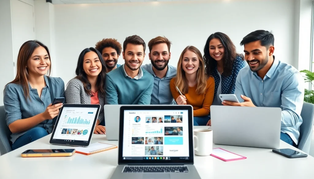 Engaged users analyzing the Instagram smm panel dashboard in a modern work environment.