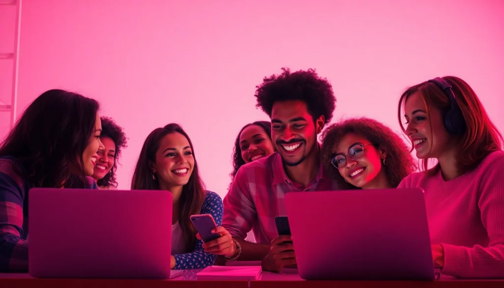 Engaging virtual scene of diverse individuals enjoying sex chat online in a colorful chat room.