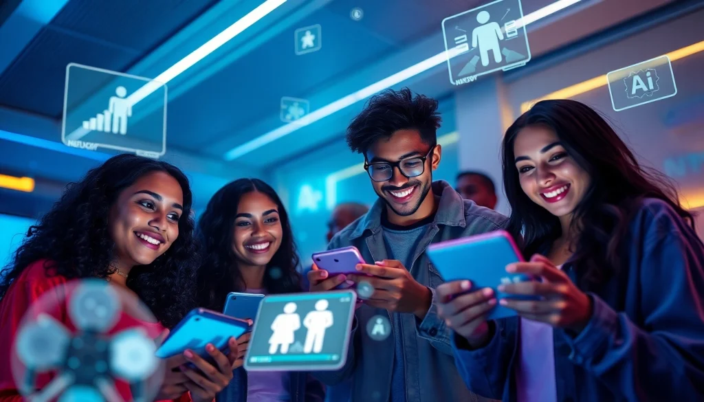 Engaging scene of diverse young adults experiencing NSFW AI technologies with futuristic interfaces.