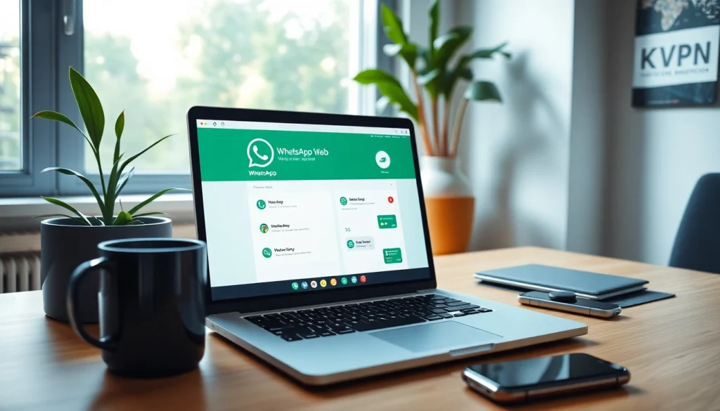 展示在现代工作空间中的笔记本电脑上显示 WhatsApp Web 界面，品牌为 快连VPN。