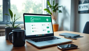 展示在现代工作空间中的笔记本电脑上显示 WhatsApp Web 界面，品牌为 快连VPN。