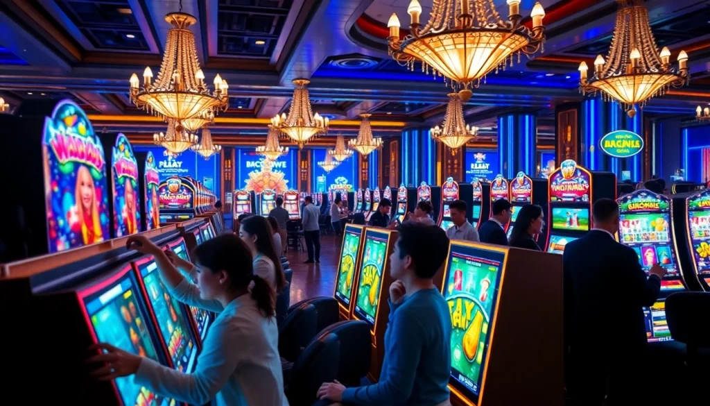 Players enjoying slot depo 5k at a luxurious casino with bright machines and exciting atmosphere.