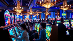 Players enjoying slot depo 5k at a luxurious casino with bright machines and exciting atmosphere.