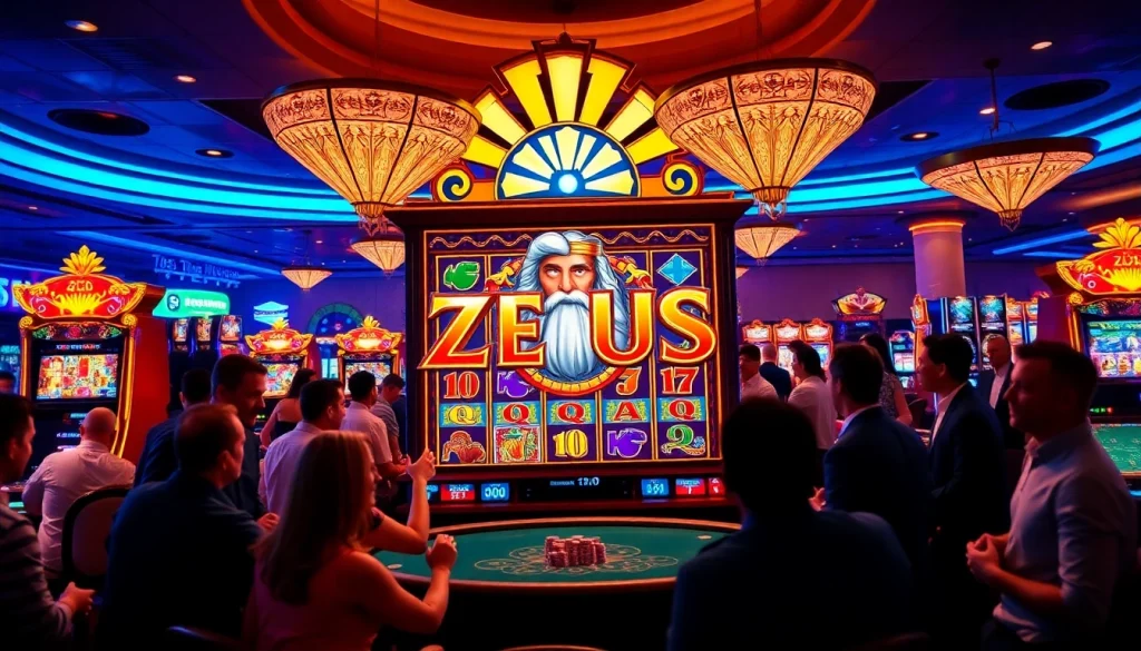 Engaging players celebrating wins at the Zeus slot machine in a luxurious casino setting.