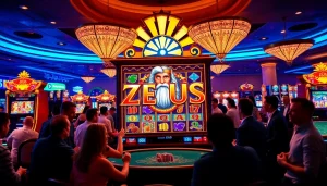 Engaging players celebrating wins at the Zeus slot machine in a luxurious casino setting.