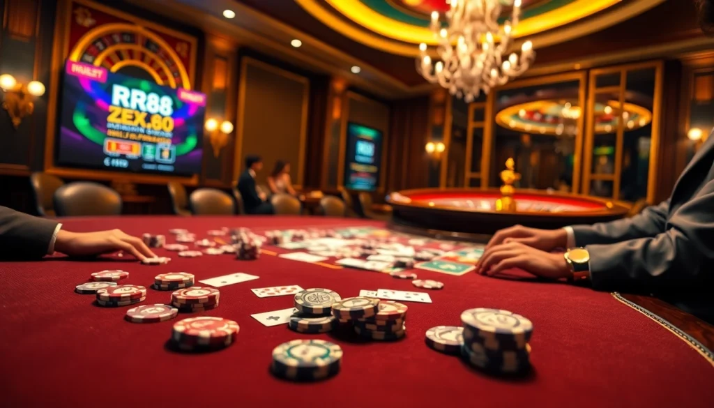 Experience thrilling gameplay at RR88 casino with vibrant gaming tables and promotional excitement.