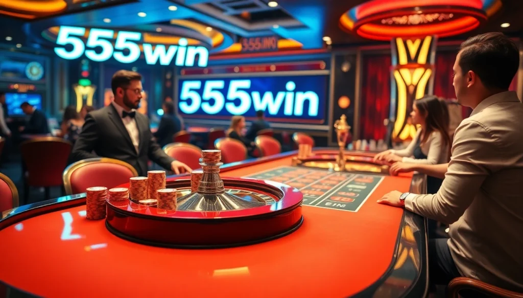 Experience the excitement of 555win at a vibrant casino table filled with chips and roulette, capturing high-stakes thrills.