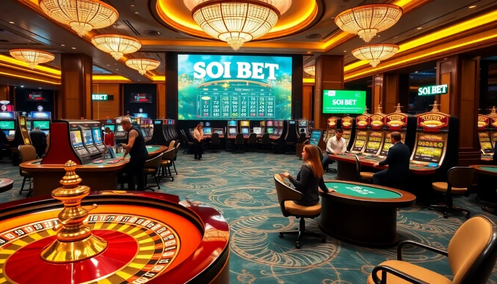 Experience the excitement at SOIBET, featuring roulette wheels and vibrant slot machines.