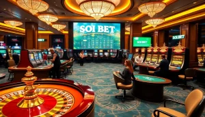 Experience the excitement at SOIBET, featuring roulette wheels and vibrant slot machines.