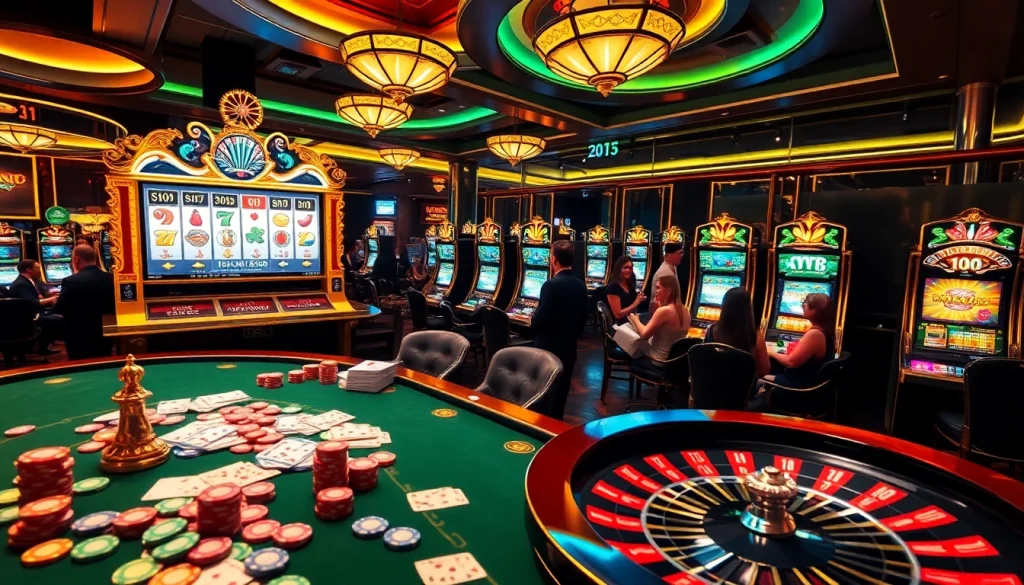 Players engaging with vibrant idnslot games at a luxurious casino table with poker chips and cards.