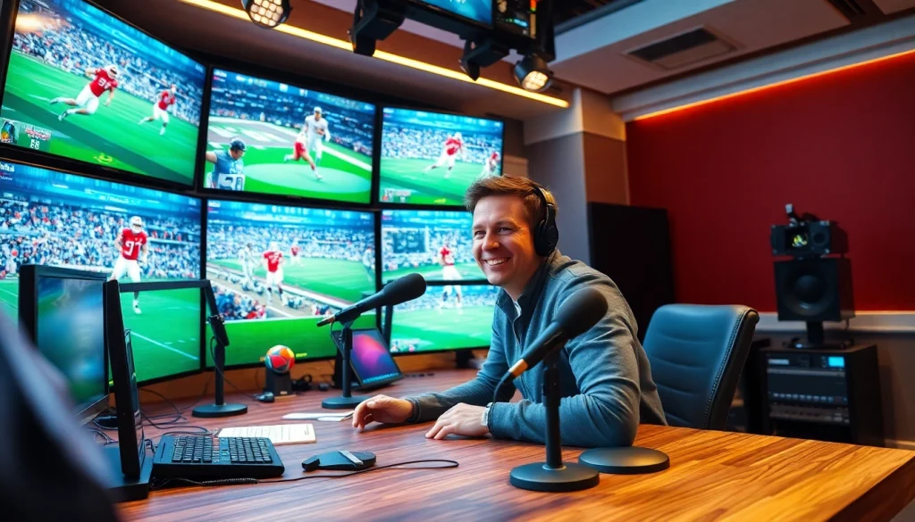 Engaging sports broadcasting studio showcasing vibrant screens and a dynamic host.