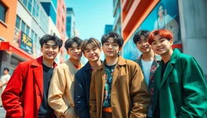 BTS members displaying their iconic styles in a vibrant urban setting.