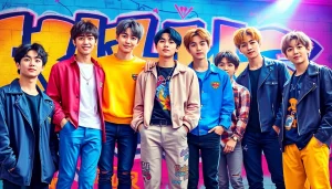 The bts members showcasing their unique styles and personalities in a vibrant setting.
