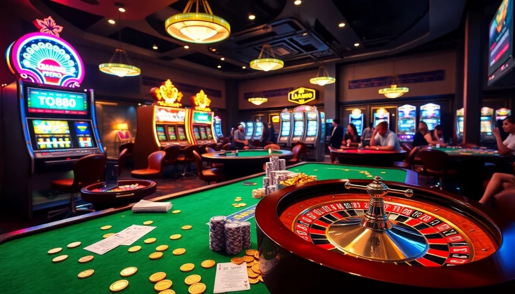 Exciting gaming experience at vt88 featuring colorful casino tables, bright slot machines, and eager players.