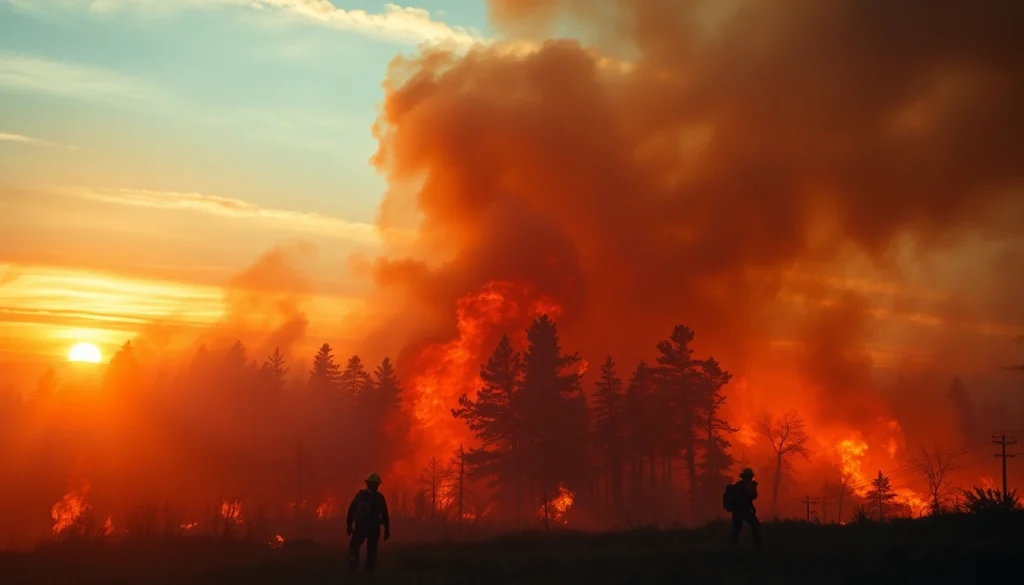 Firefighters combat a wildfire event in a dramatic forest setting filled with flames and smoke.