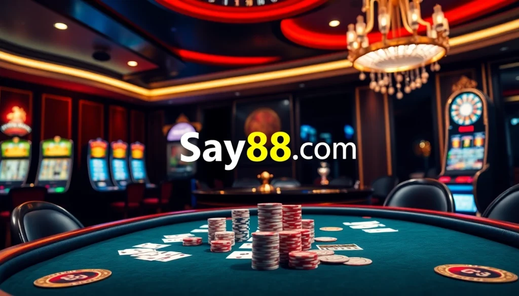 Experience live action at say88 com with poker chips and cards on a stylish casino table.
