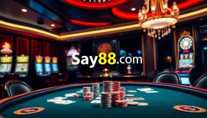 Experience live action at say88 com with poker chips and cards on a stylish casino table.