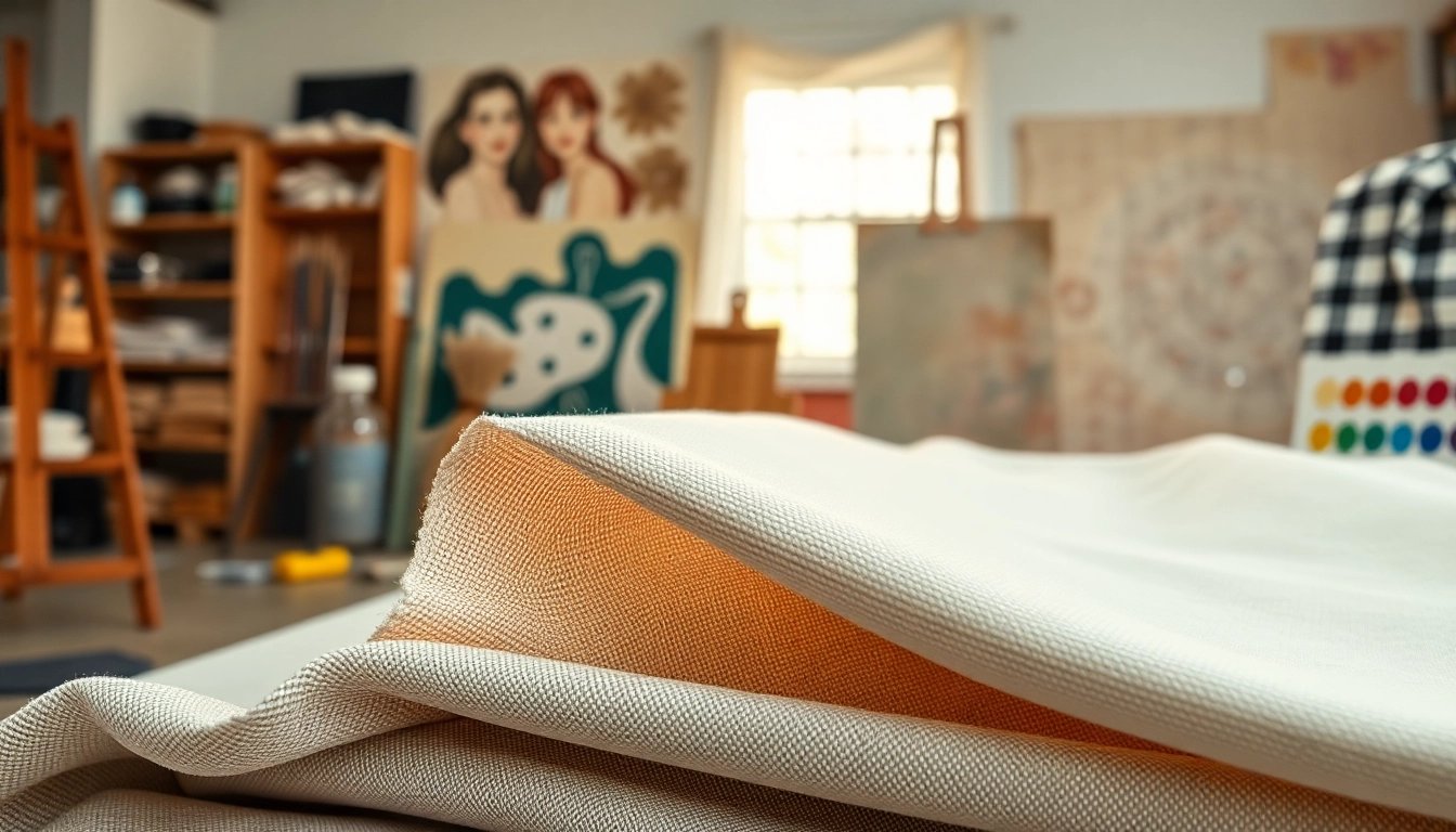 Katoenen canvasstof in een creatieve werkruimte met texturen en kleuren.