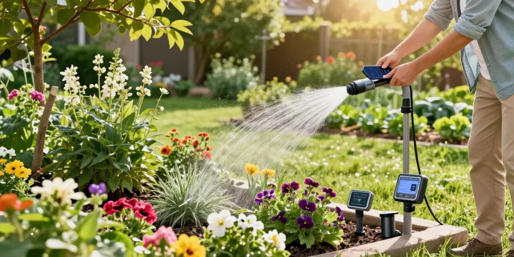 Using rainpoint Irrigation Controllers for a flourishing garden setup, showcasing a homeowner with a smartphone.