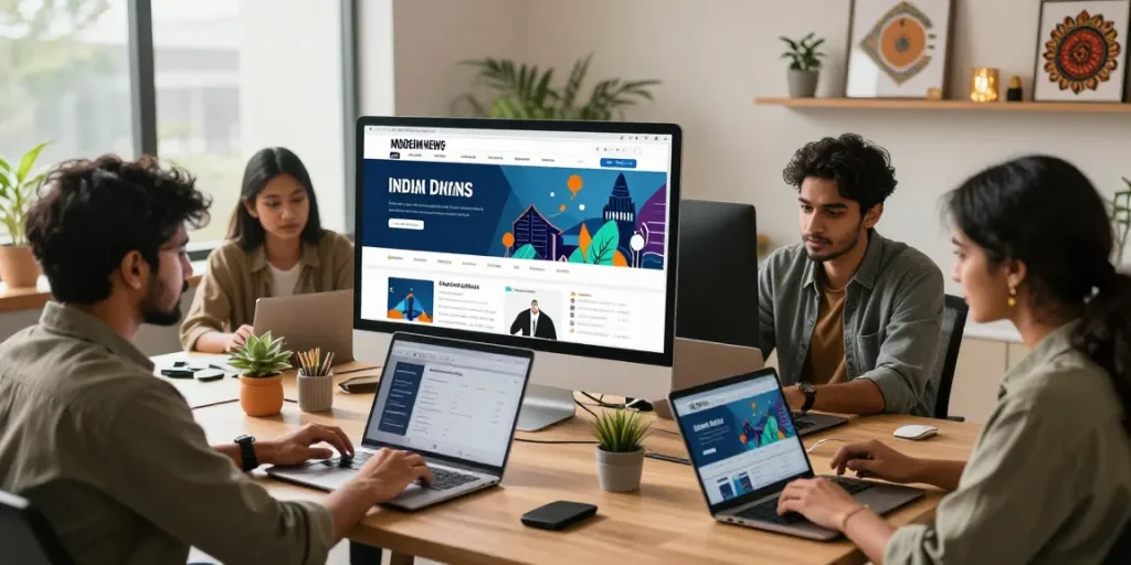 Engaged team exploring news updates from https://www.theindaily.com, showcasing modern interface and cultural decor.