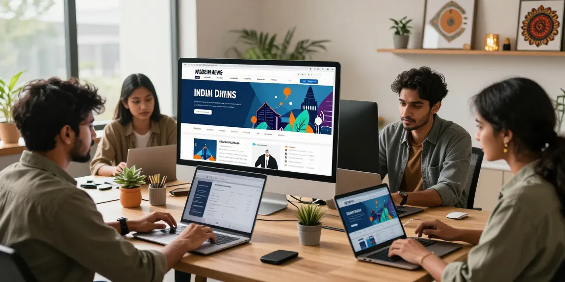 Engaged team exploring news updates from https://www.theindaily.com, showcasing modern interface and cultural decor.